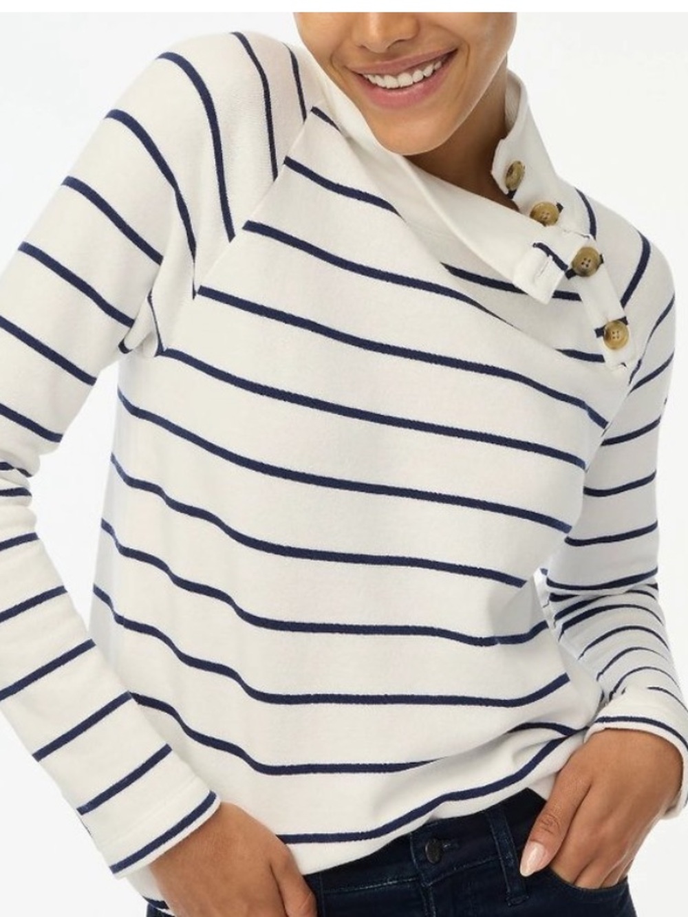 J. Crew White & Navy Striped wide button-collar pullover sweatshirt